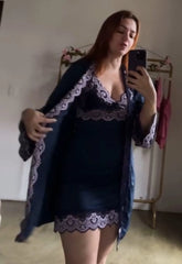 Kit Roupão sexy e Camisola Sensual Azul marinho em Poliamida com Renda