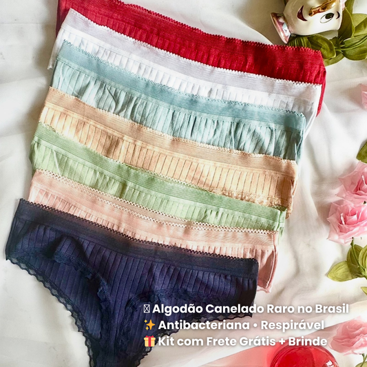 Kit Liana • 5 Calcinhas de Algodão Canelado com Renda – Frete Grátis + Brinde