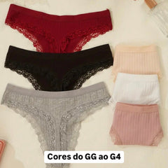 Kit Liana • 5 Calcinhas de Algodão Canelado com Renda – Frete Grátis + Brinde